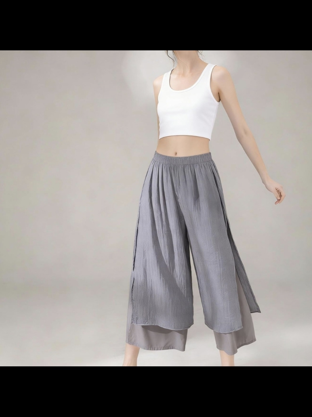 Women's Wide Leg Layer Capris Palazzo Elastic Waist Trousers - Picture 2 of 9